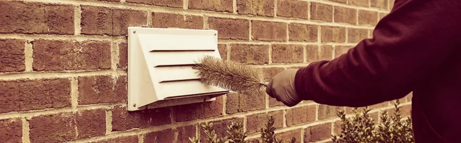 Technician cleaning an outdoor dryer vent on a brick wall