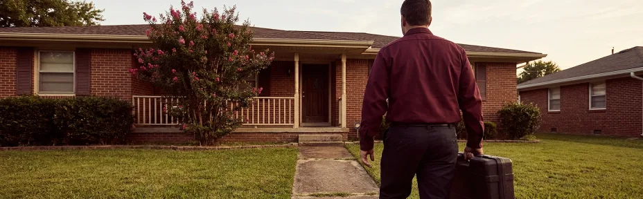 Appliance technician arriving at a brick home in Cypress